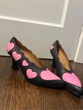 Black Leather Pumps with Pink Hearts - Women's Fashion Heels